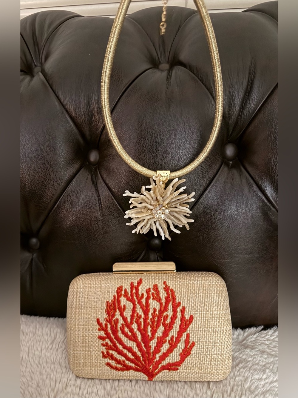 2 NEW PIECES- Gold Necklace with Coral Pendant & Straw Coral-Embroidered Clutch